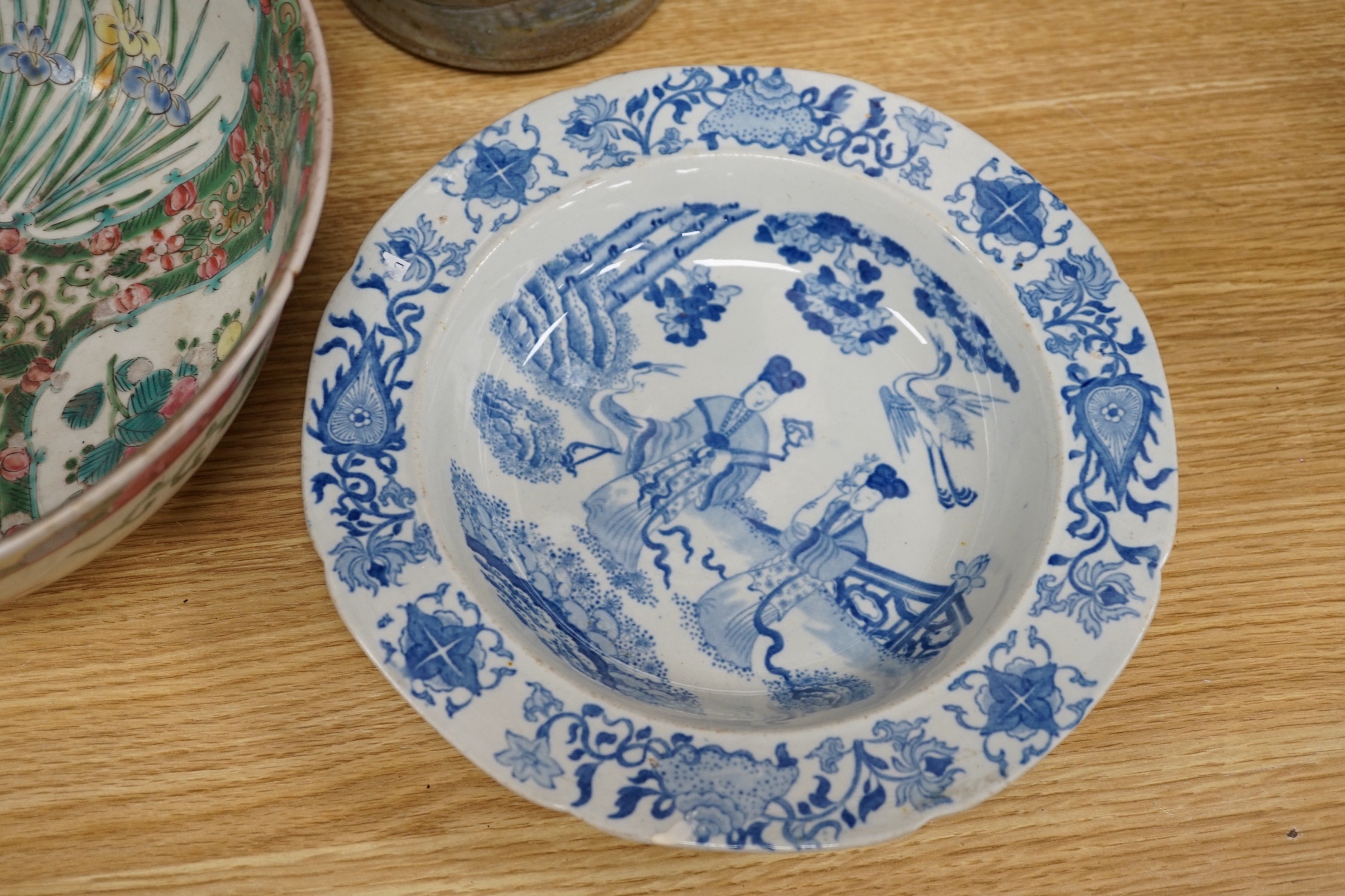 Two studio pottery vases, a Japanese enamelled porcelain bowl and a Masons Ironstone blue and white soup plate, tallest 28cm